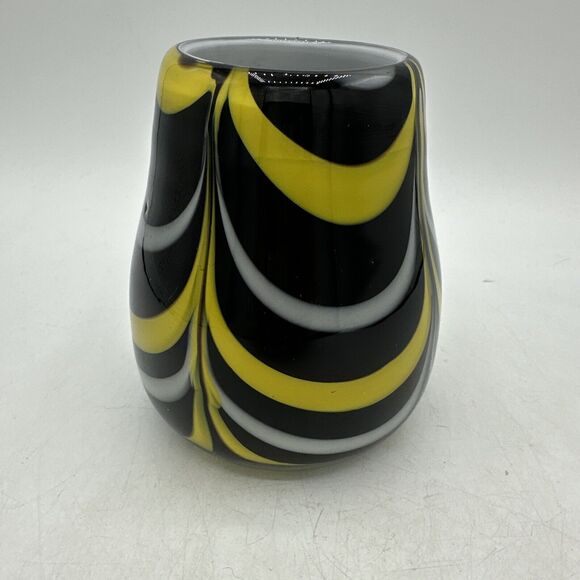 Vase Glass Hand Blown Black White Yellow Small 4.5” Candle Holder - Picture 5 of 15